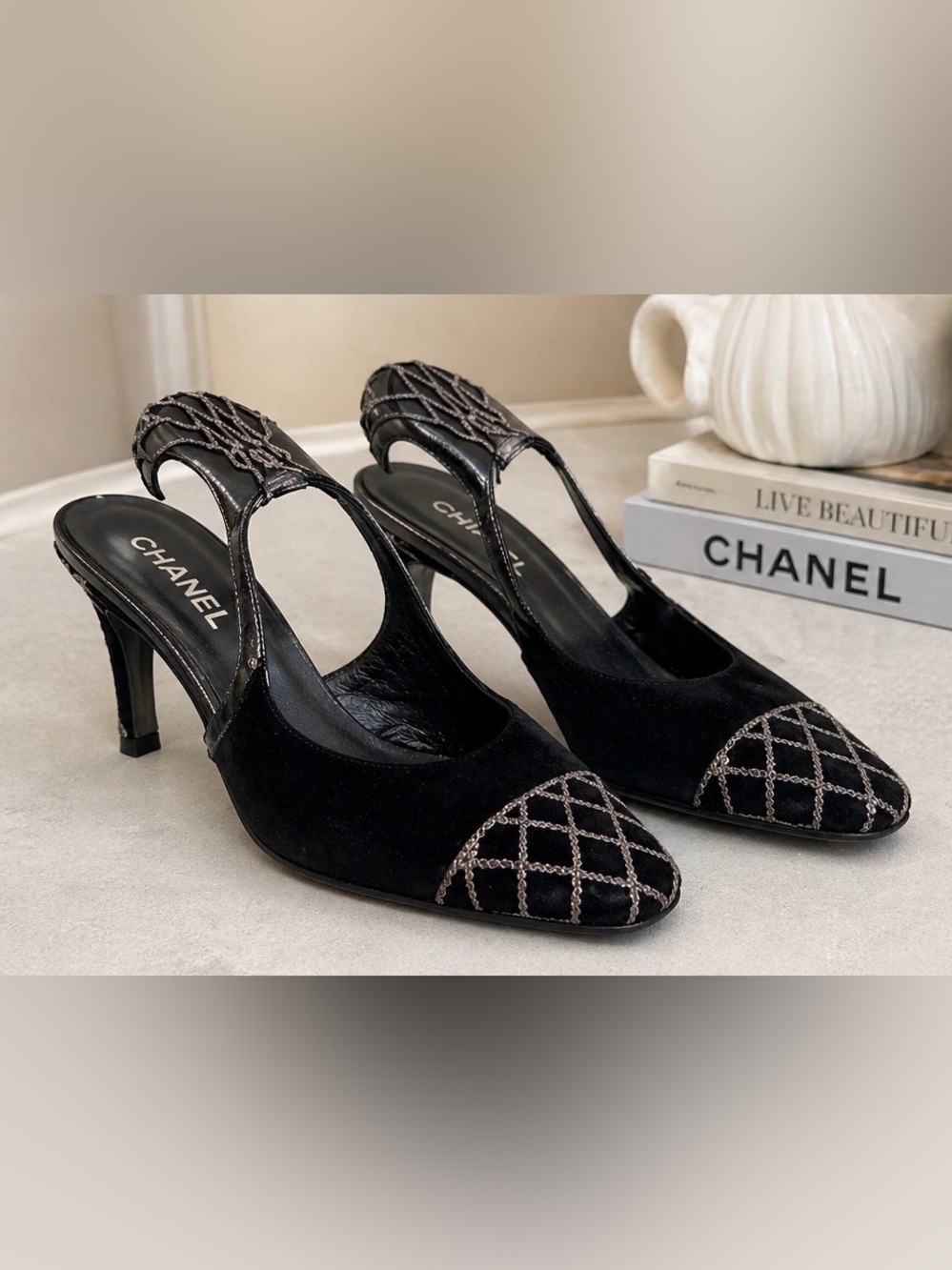 Chanel Black Suede Slingback Pumps Silver Cap Toe Lattice Heels Size 39